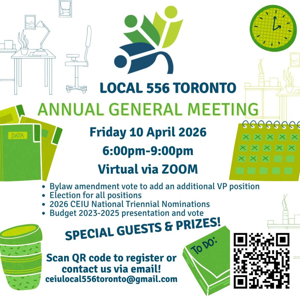 Flyer for Local 556 Annual General Meeting on Friday, April 10, 2026 via Zoom.